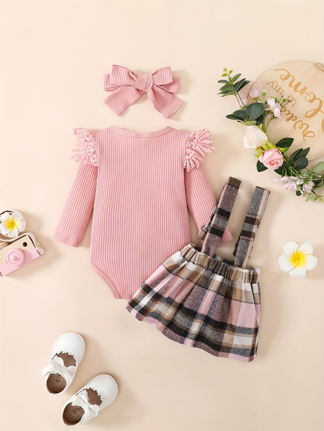 Cozy Cotton Blend Long Sleeve Romper, Plaid Skirt with Adjustable Straps & Matching Headband