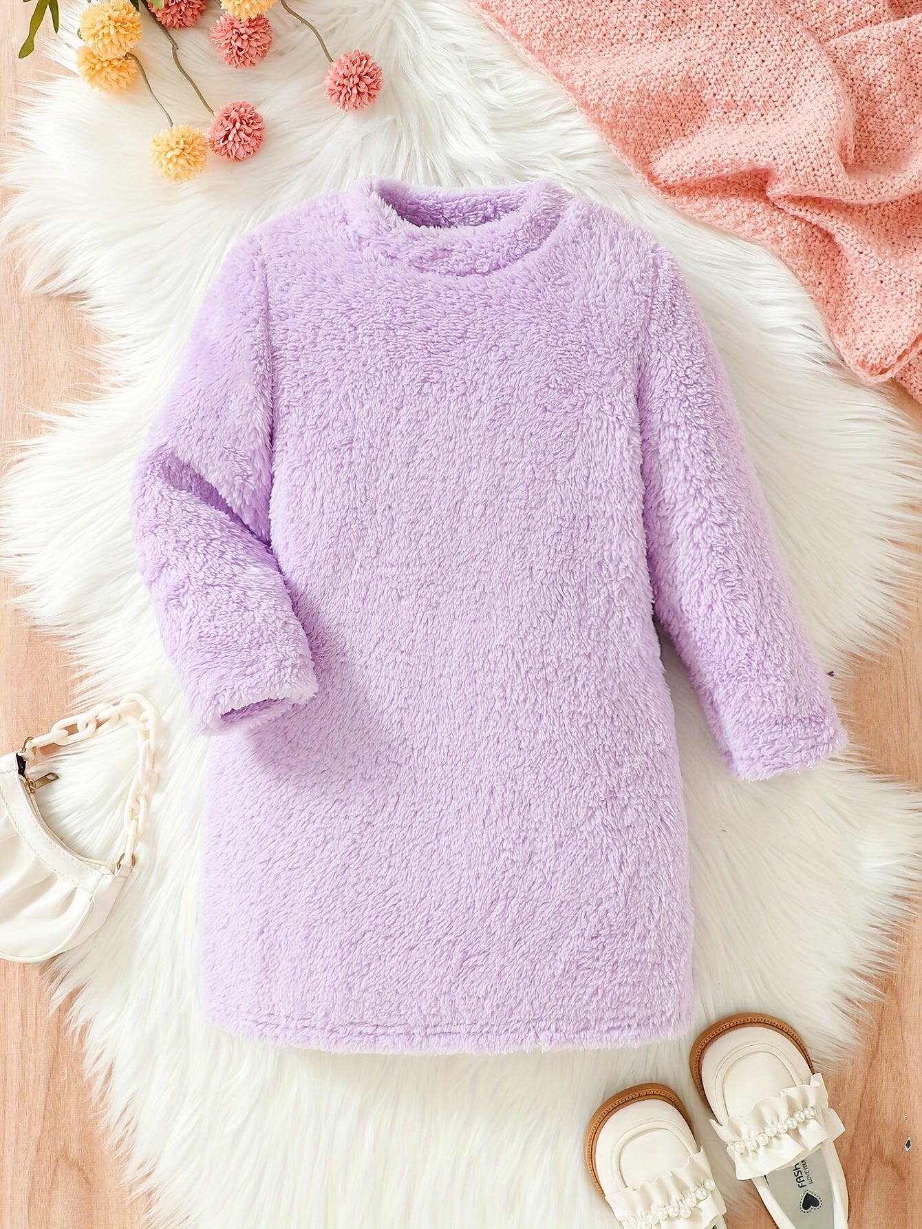 Toddler Girls Long Sleeve Plush Dress Crew Neck