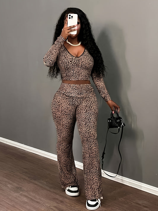 Casual Leopard Print Lace Crop Top & Flare Pants Set