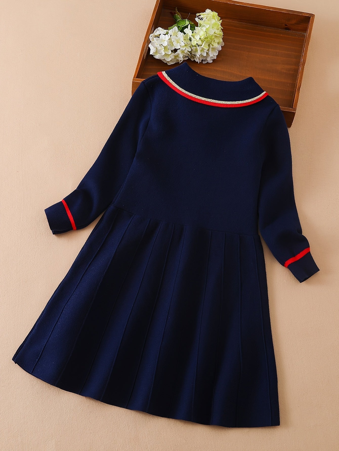 Girls Bear Embroidery Long Sleeve Knit Dress