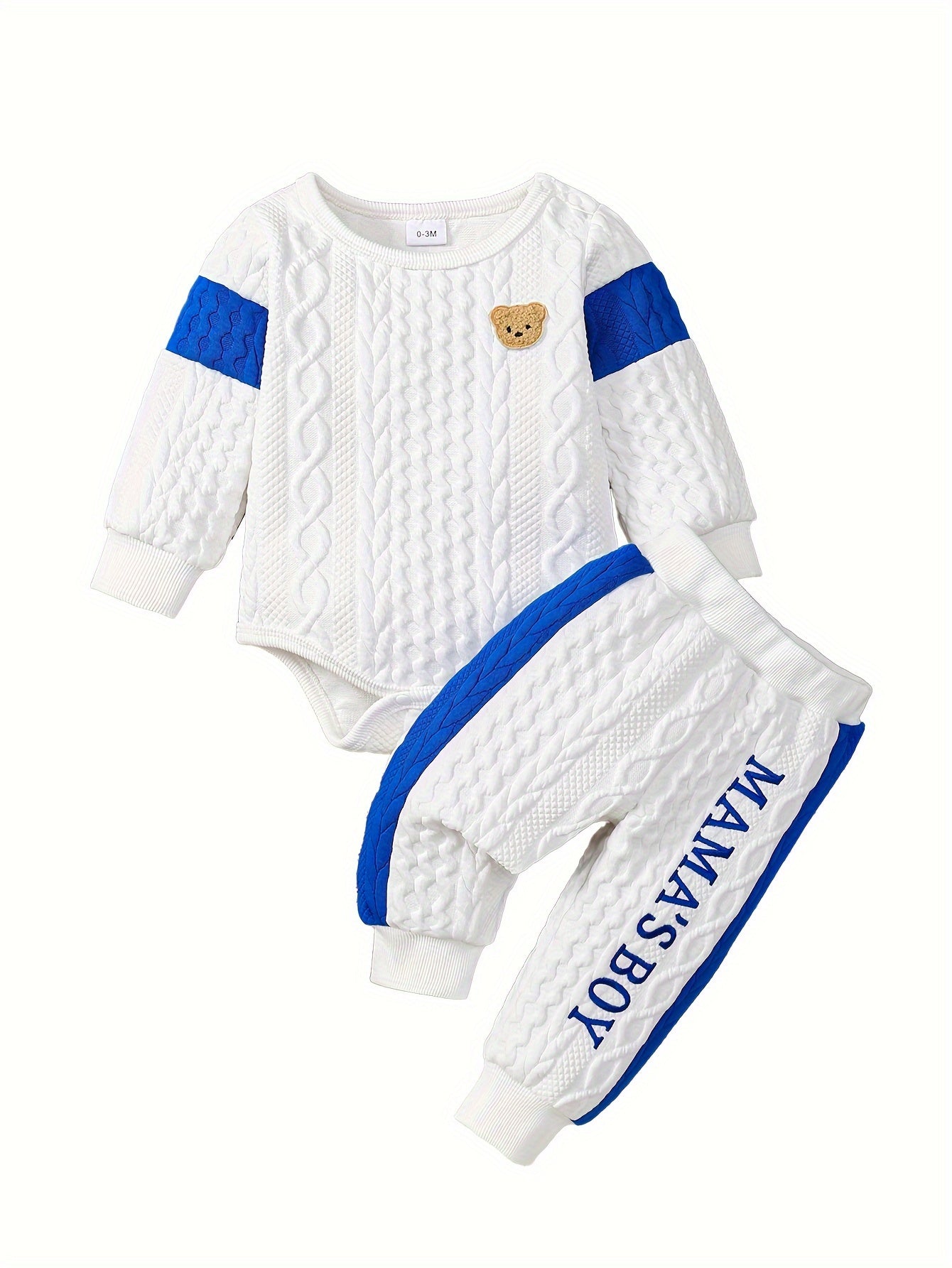 Baby Boy's Bear Applique Cable Knit Long Sleeve Onesie & "Mama's Boy" Embroidered Pants Set