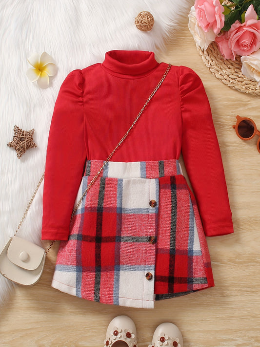 Elegant Girls Puff Sleeve Knit Pullover & Plaid Skirt