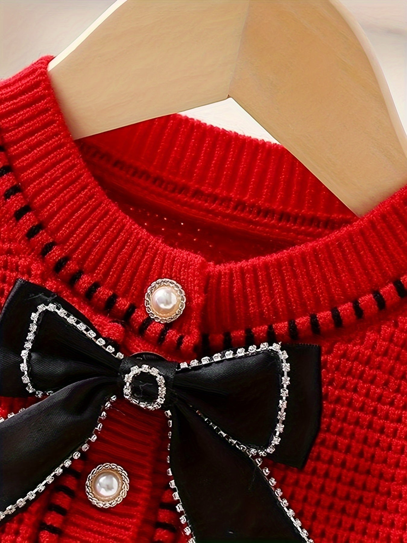 Elegant Cute Knited Set For Girls, Crew Neck Bow Collar Knit Cardigan + Skirt