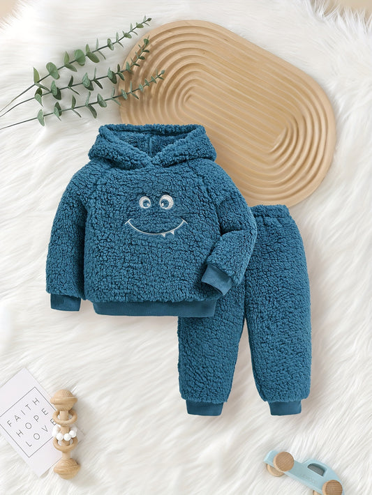 Baby's Cute Monster Embroidery Warm Fuzzy Hoodie & Casual Pants