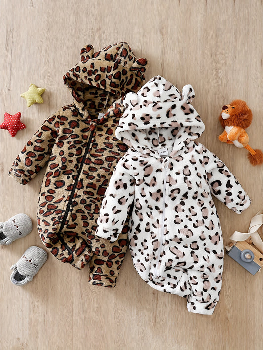 Baby's Leopard Pattern Long Sleeve Hooded Romper, Toddler & Infant Boy's Bodysuit