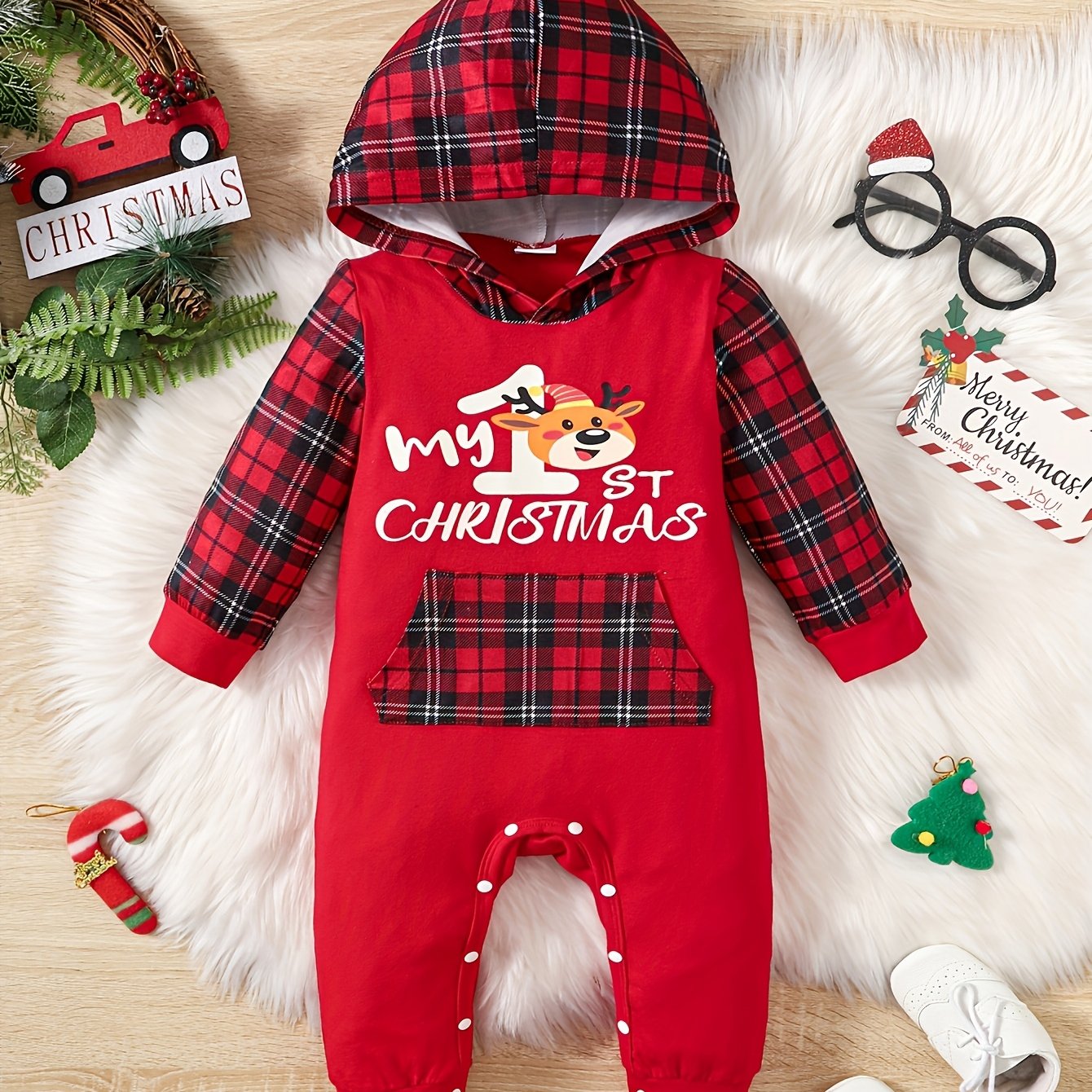 My 1st Christmas & Reindeer Print Long Sleeves Hooded Jumpsuit, Plaid Patterns Clothes For Leisure