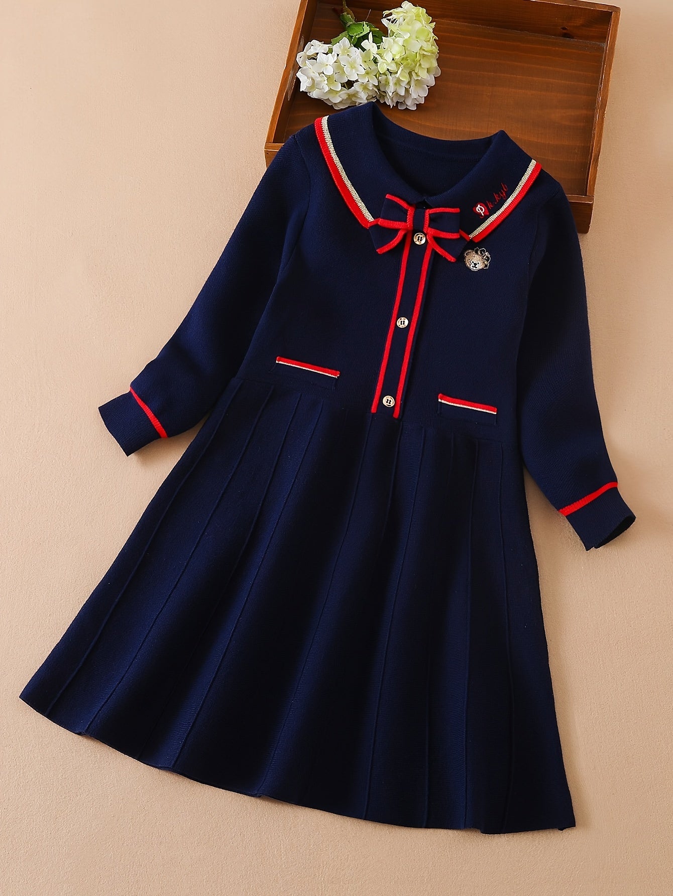 Girls Bear Embroidery Long Sleeve Knit Dress