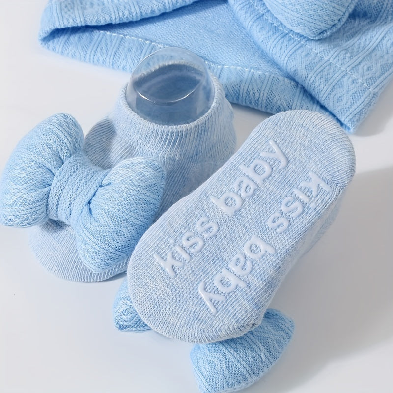 Two Piece  Newborn Knit Fleece Bow Hat & Sock Set