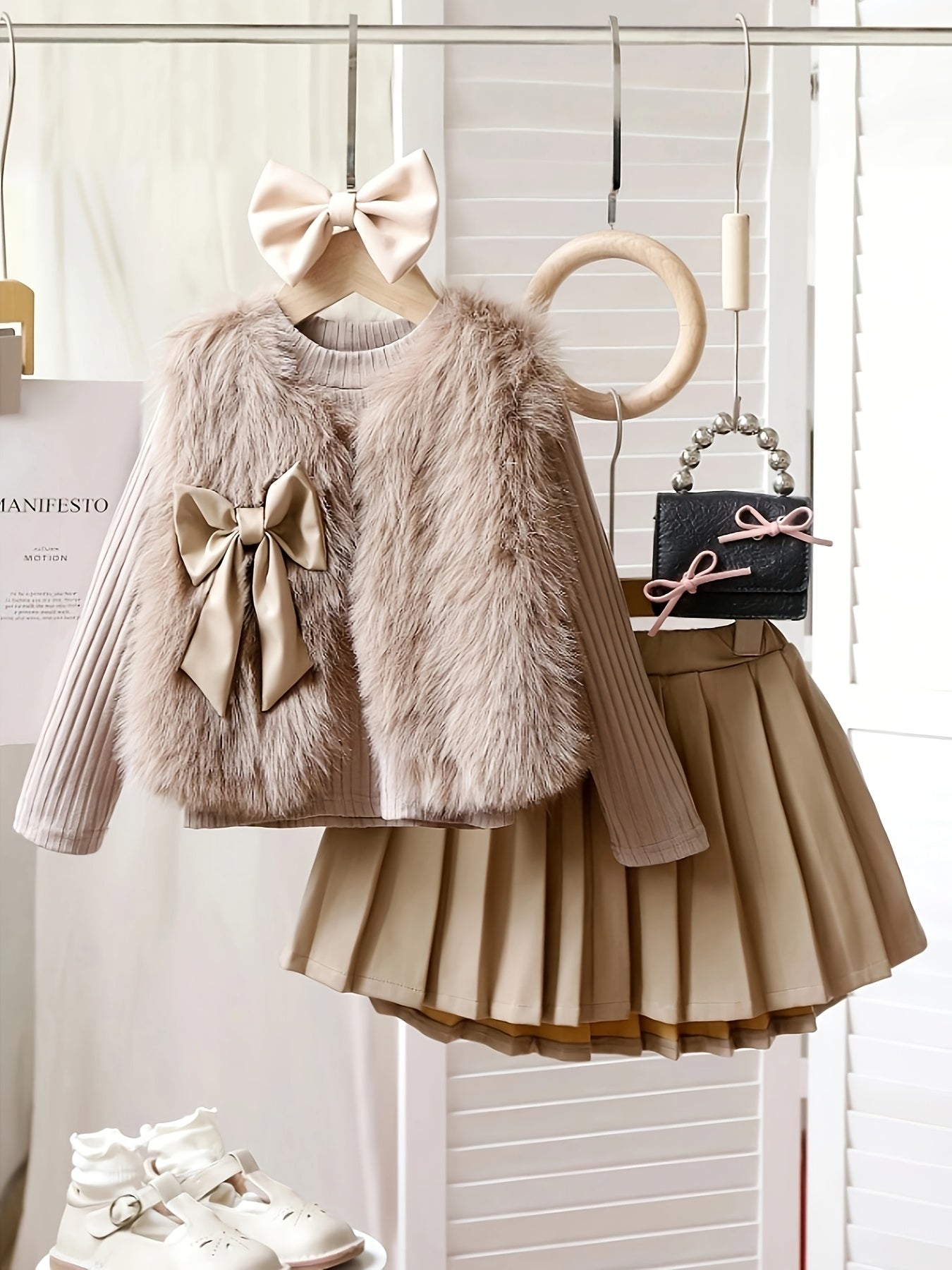 Cute Solid Color Polyester Sweater Dress with Long Sleeves, Bow Detail, and Skirt