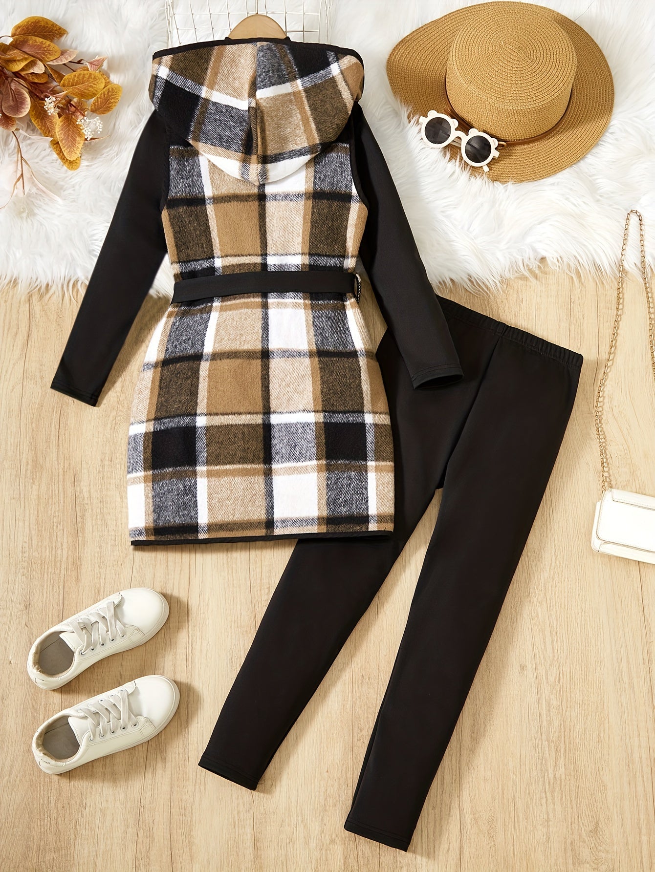 Elegant Plaid Hooded , Long Sleeve Pullover, Trousers