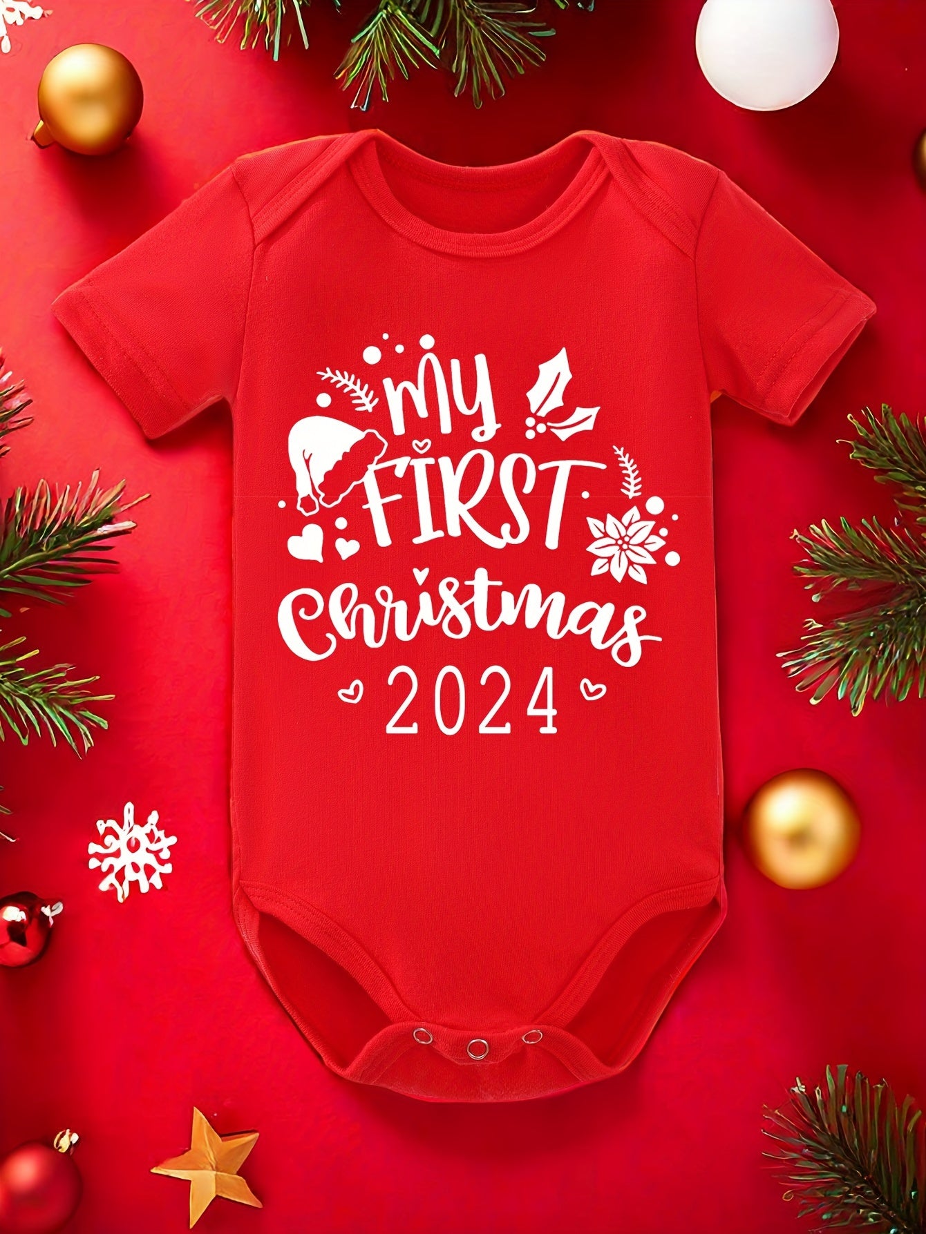 Baby's "2024 My 1st Christmas" Print Casual Cotton Short Sleeve Triangle Bodysuit