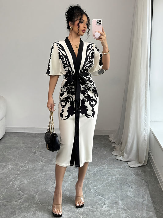 Women's Front Tie Short Sleeve Opulent Fade Cocktail Dress