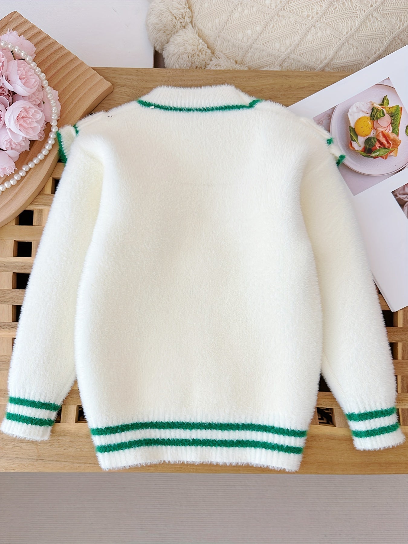 Elegant Crew Neck Kids Pullover Sweater with Ruffle Detail and Bow