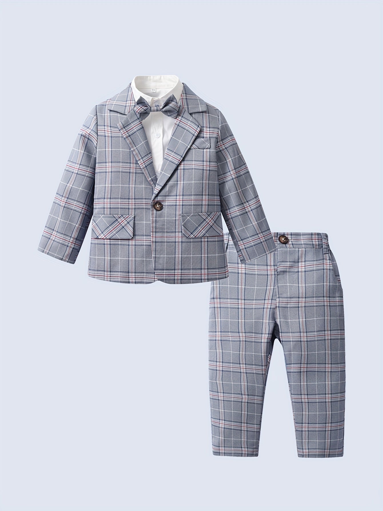 Fashion Gentleman Style Casual, Bow Tie Dress Shirt & Long Sleeve Plaid Coat & Plaid Pants Set