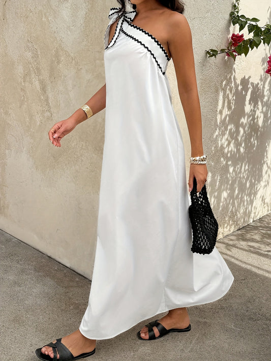 Women'S Loose Long Dress, One Shoulder Collar, Solid Color, Fitted, for Adult, Summer