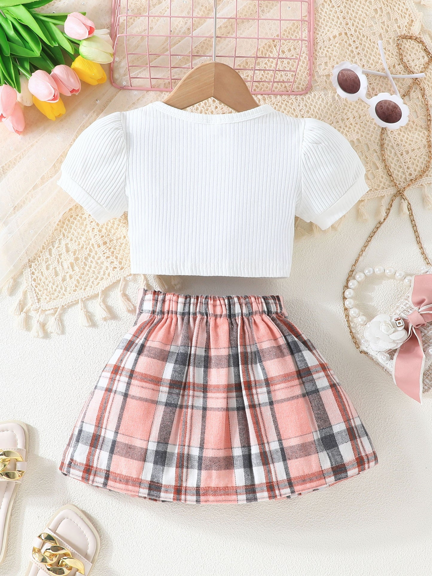 Little Girl's Plaid Bowknot Short Sleeve Top & dress