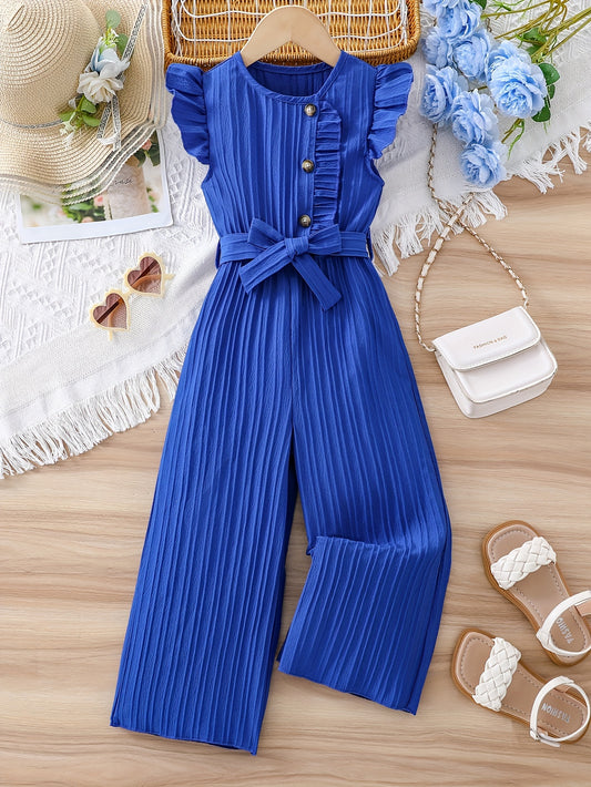 Girls Trendy & Elegant Solid Colored Flutter Sleeve Button Up Textured Wide Leg Jumpsuit