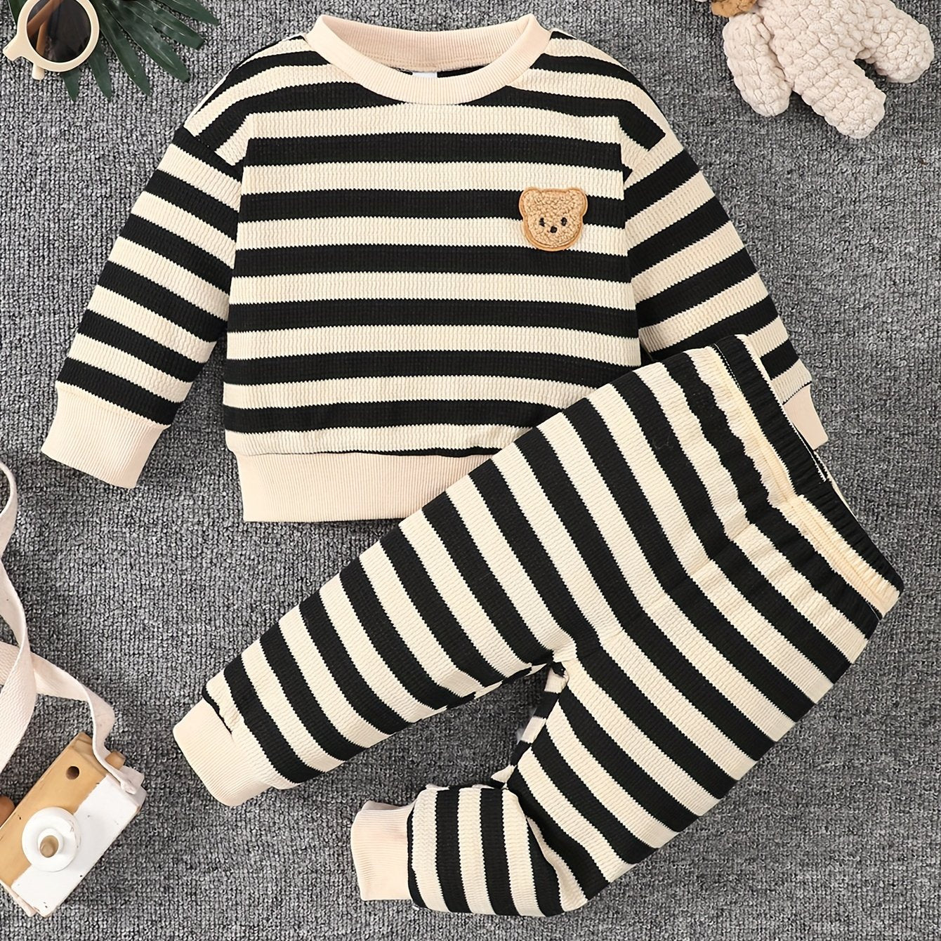 Long Sleeve Striped Bear Sweater + Casual Pants