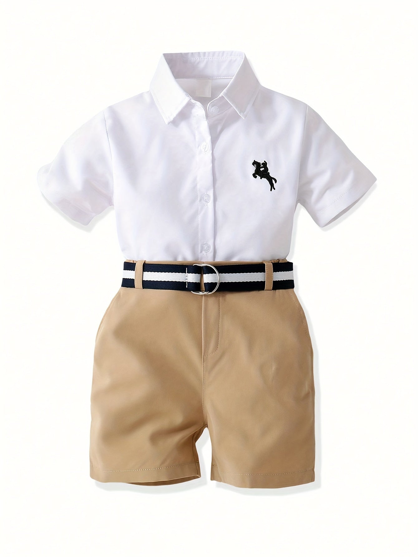 Casual Gentleman Set, Horse Embroidered Short Sleeve Shirt And Belted Shorts