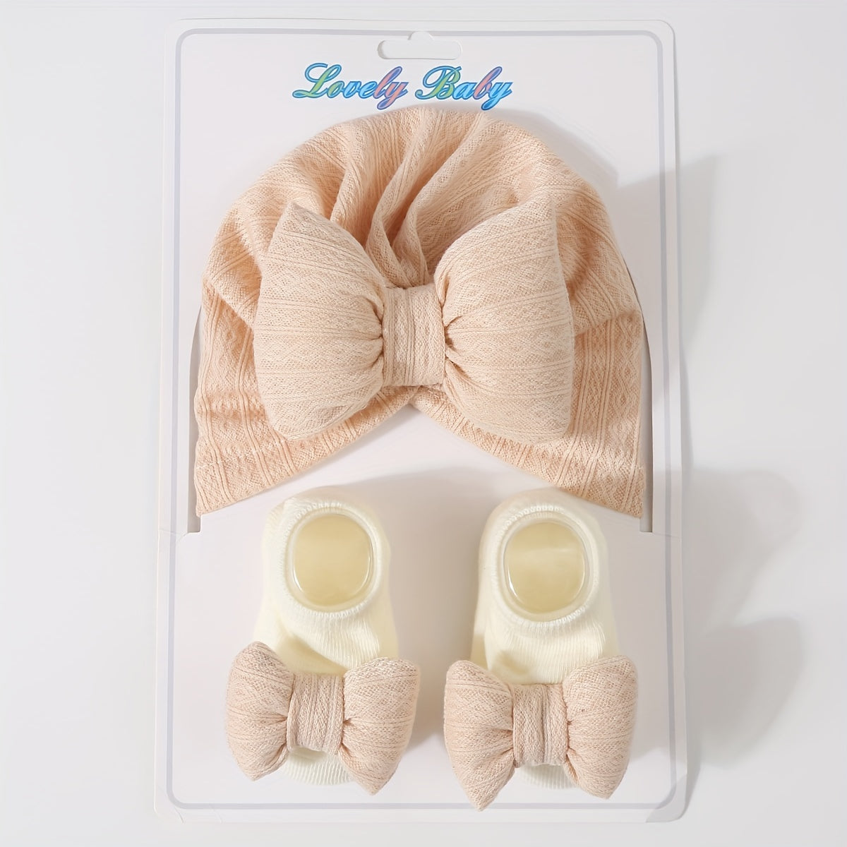 Two Piece  Newborn Knit Fleece Bow Hat & Sock Set