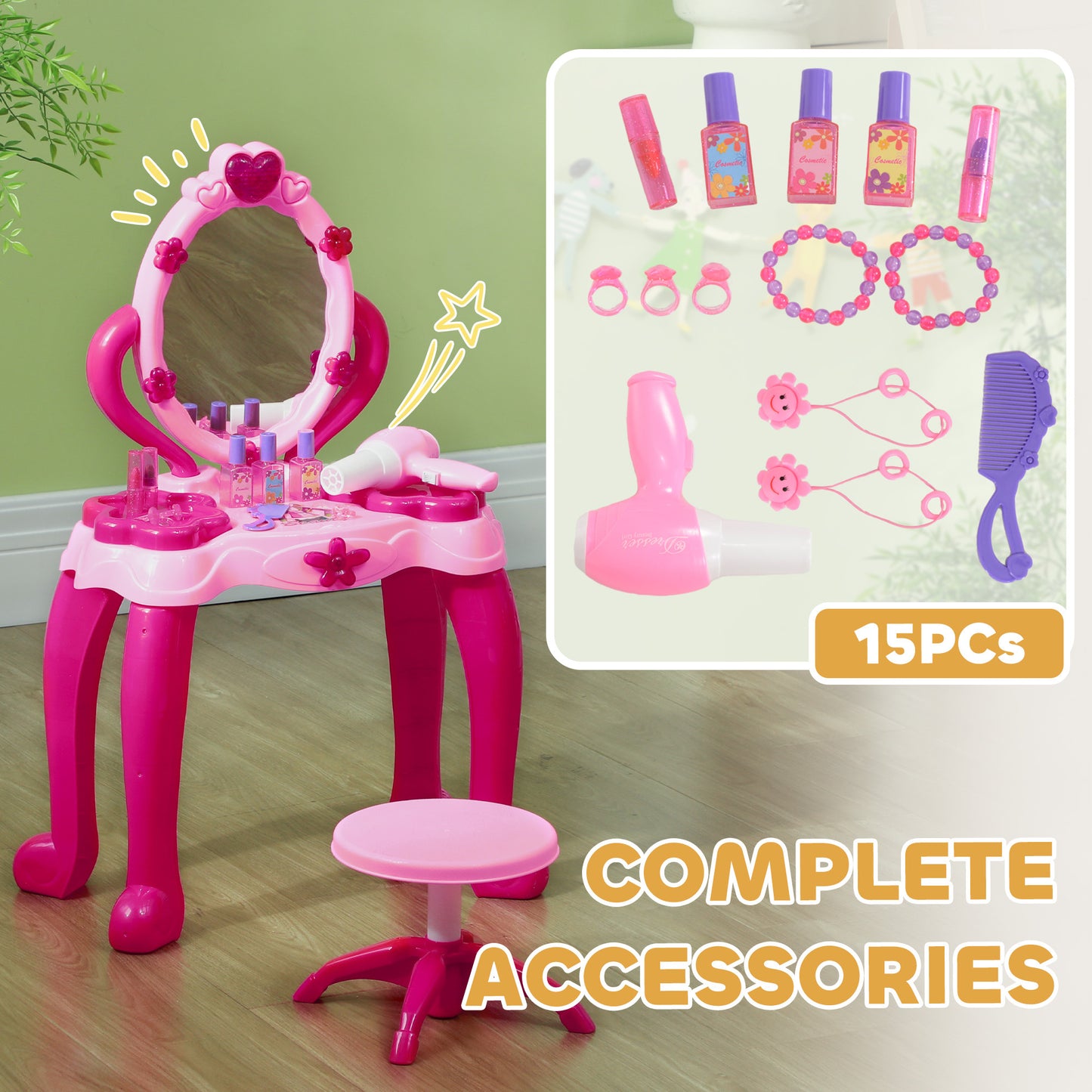 Kids Dressing Table with Mirror and Stool, Kids Vanity Table