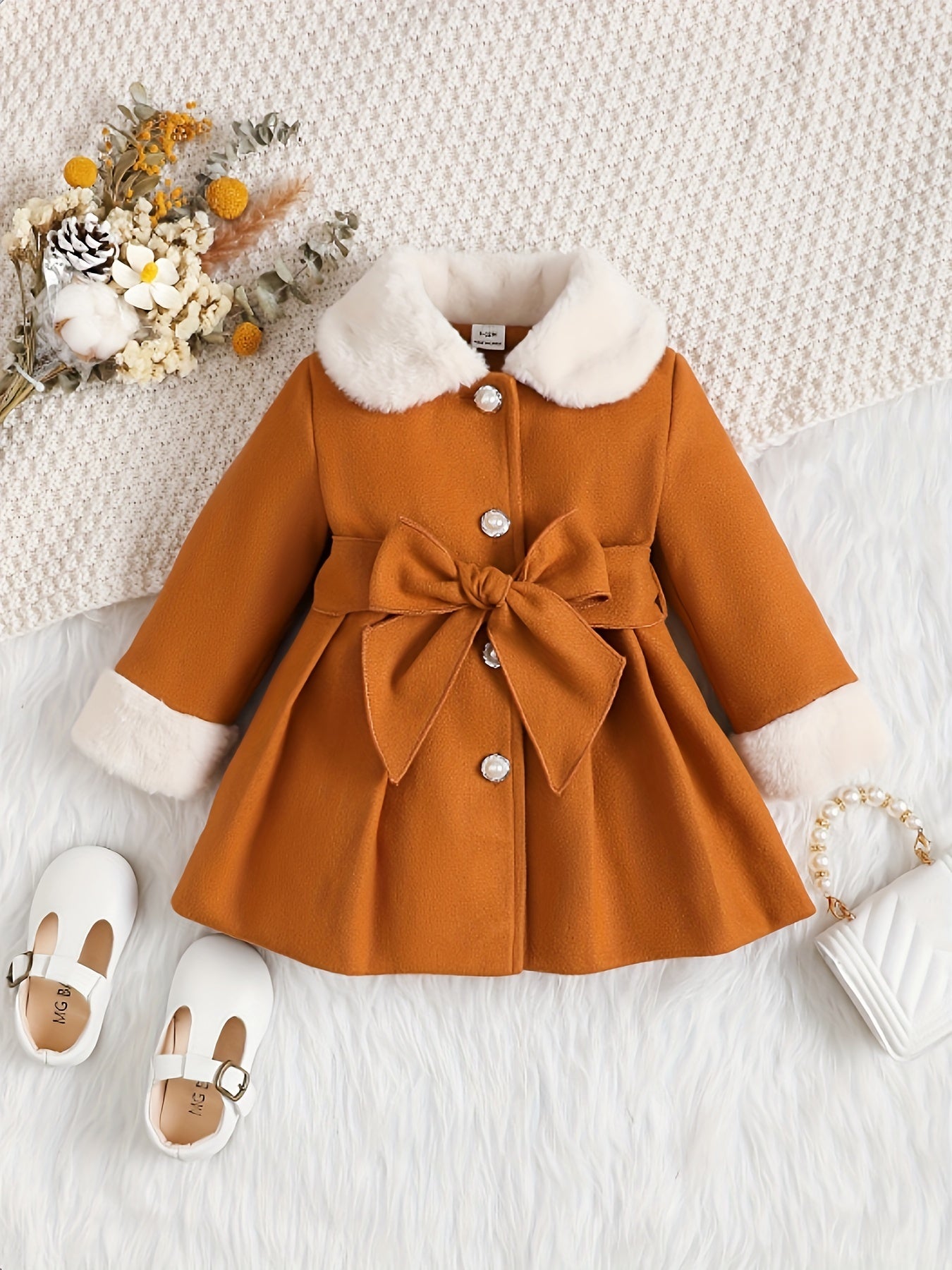 Baby's Elegant Fuzzy Collar Belted Coat, Button Front Warm Overcoat