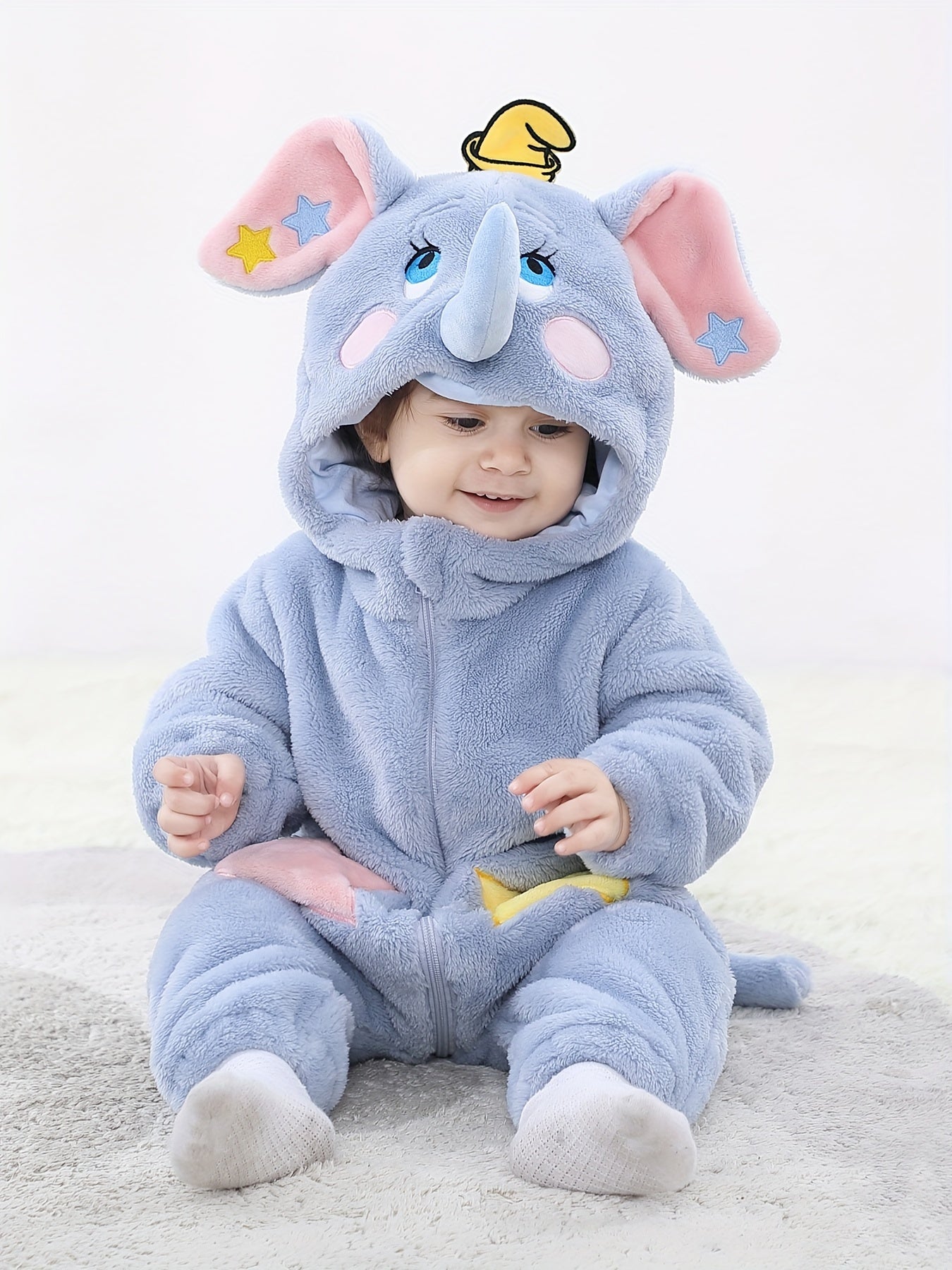 Baby Cute Blue Elephant Hooded Single Layer Onesie