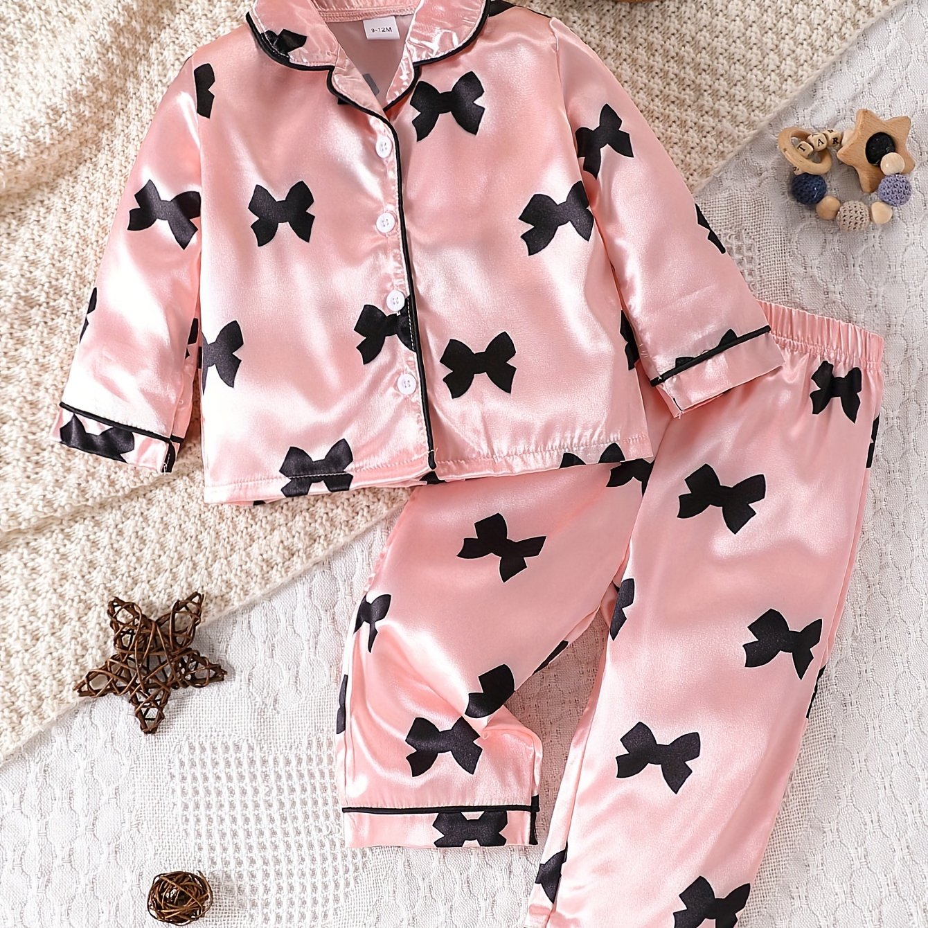 Baby Girl's Elegant Pajama Set, Cute Bow Print Lapel Long Sleeve Shirts & Trousers