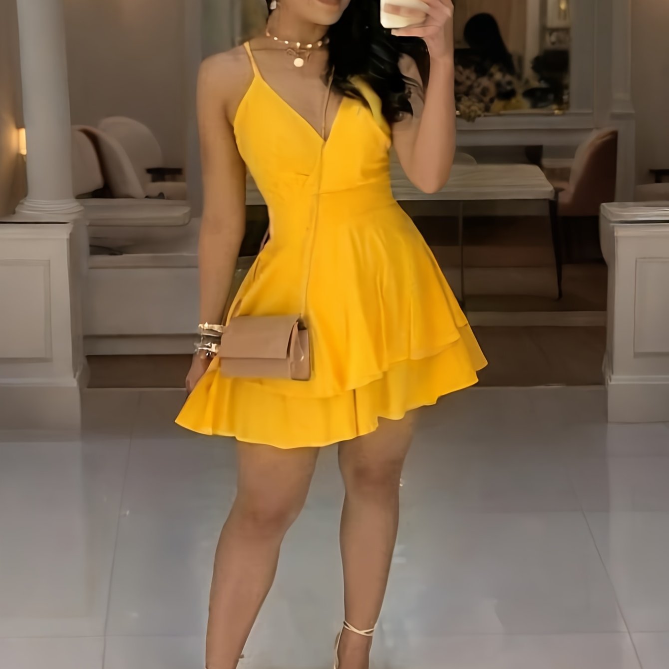 Elegant Women's Sleeveless V-Neck Dress in Solid Color Yellow