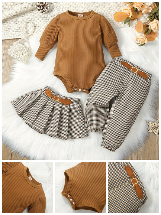 puffy Sleeve Ribbed Top, Houndstooth Pleated Skirt & Houndstooth Trousers Set