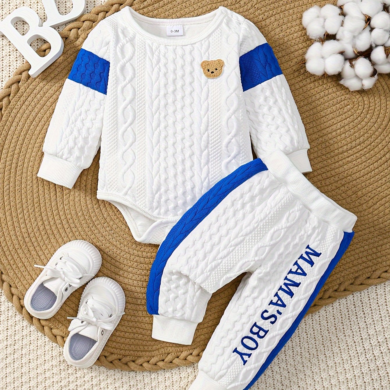 Baby Boy's Bear Applique Cable Knit Long Sleeve Onesie & "Mama's Boy" Embroidered Pants Set