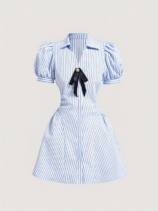 Women's Vintage Blue Striped Puff Sleeve Dress with Bow Detail - V-Neck A-Line Asymmetrical Hem Short Summer Dress, Machine Washable Casual Elegant Style for Back to, Homecoming & Teacher Outfits, Retro Dress, Buttondown Fron