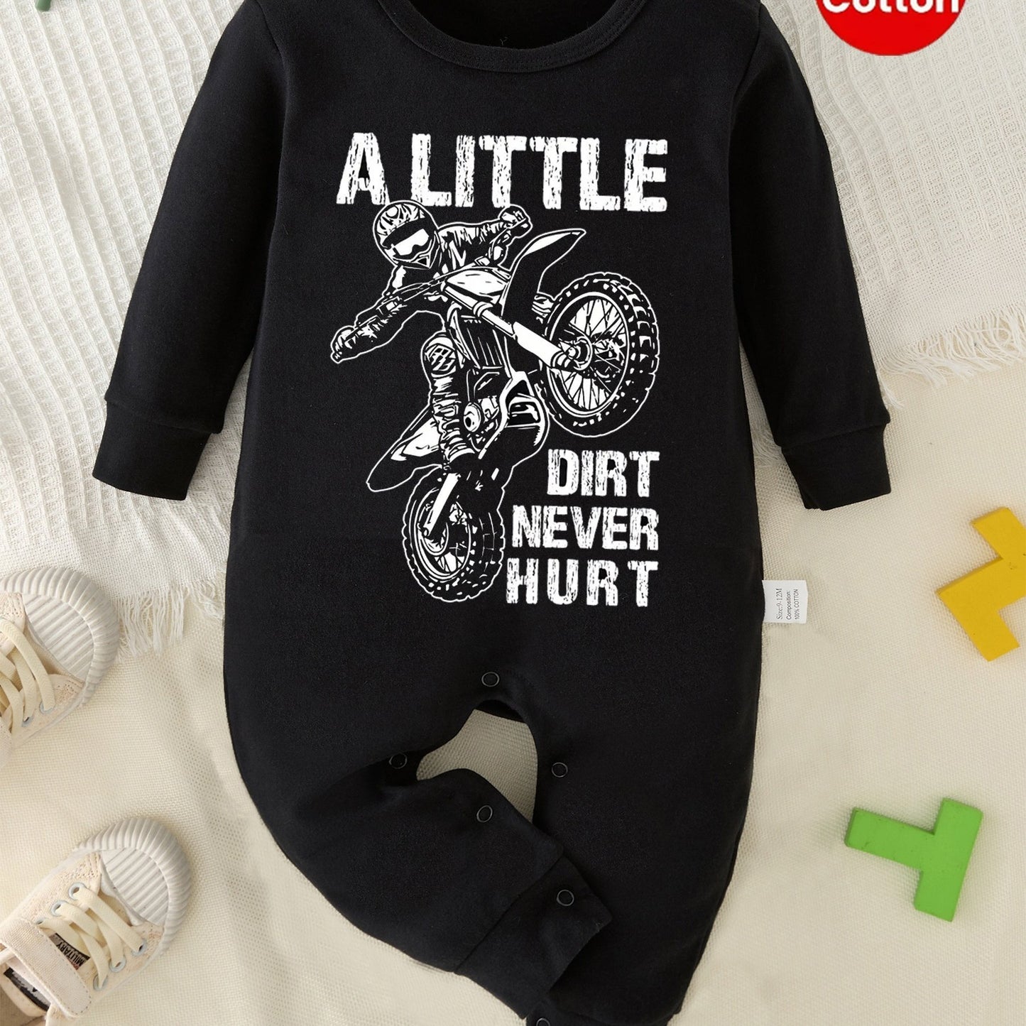 Baby Boys' Long Sleeve Romper, Cotton, Casual Style, "A Little Dirt Never Hurt" Motorcycle onesie