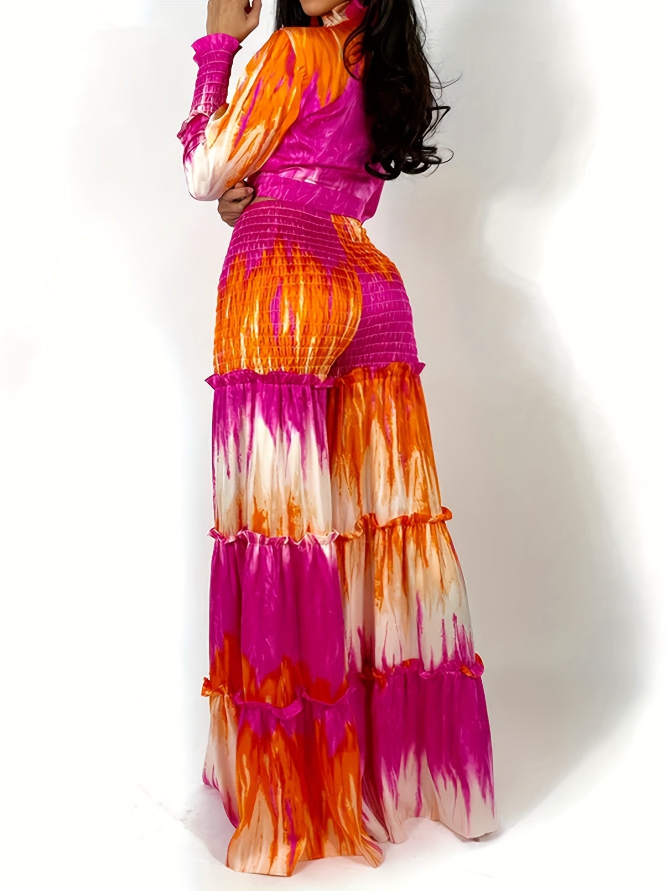 Command & Chic Tie-Dye Spliced Long Sleeve Top and Wide-Leg Pants