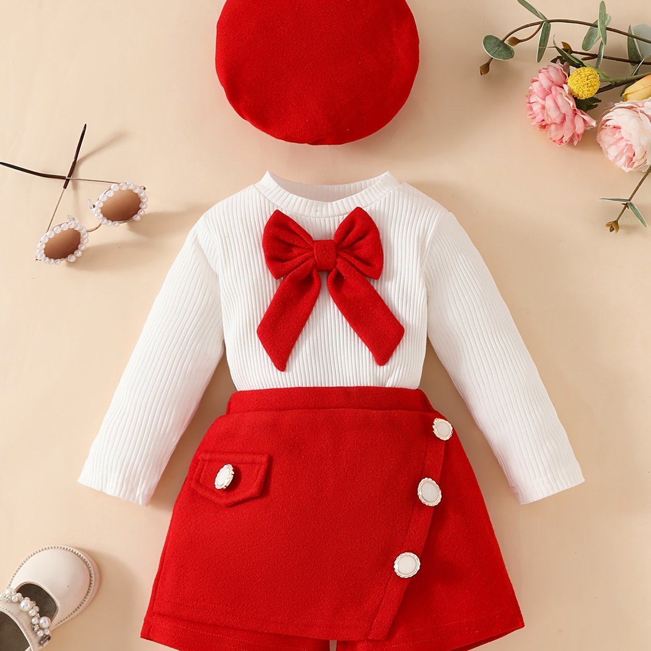 Baby Girl's Long Sleeves Bow Decor Ribbed Top + Creative Shorts With Delicate Buttons + Hat Co Ord Set