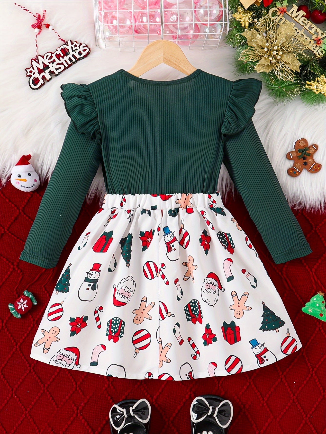 Girls' Festive Christmas Dress with Ruffle Trim & Bow