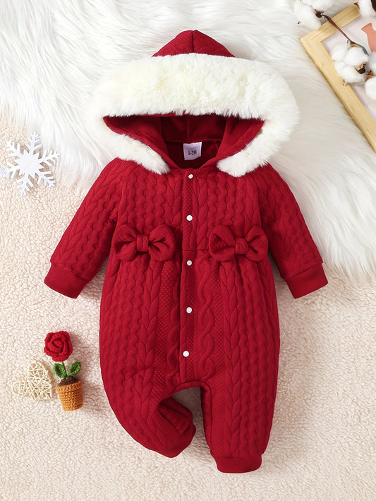 Baby's Adorable Bow Decor Jacquard Casual Fuzzy Hooded Long Sleeve Romper