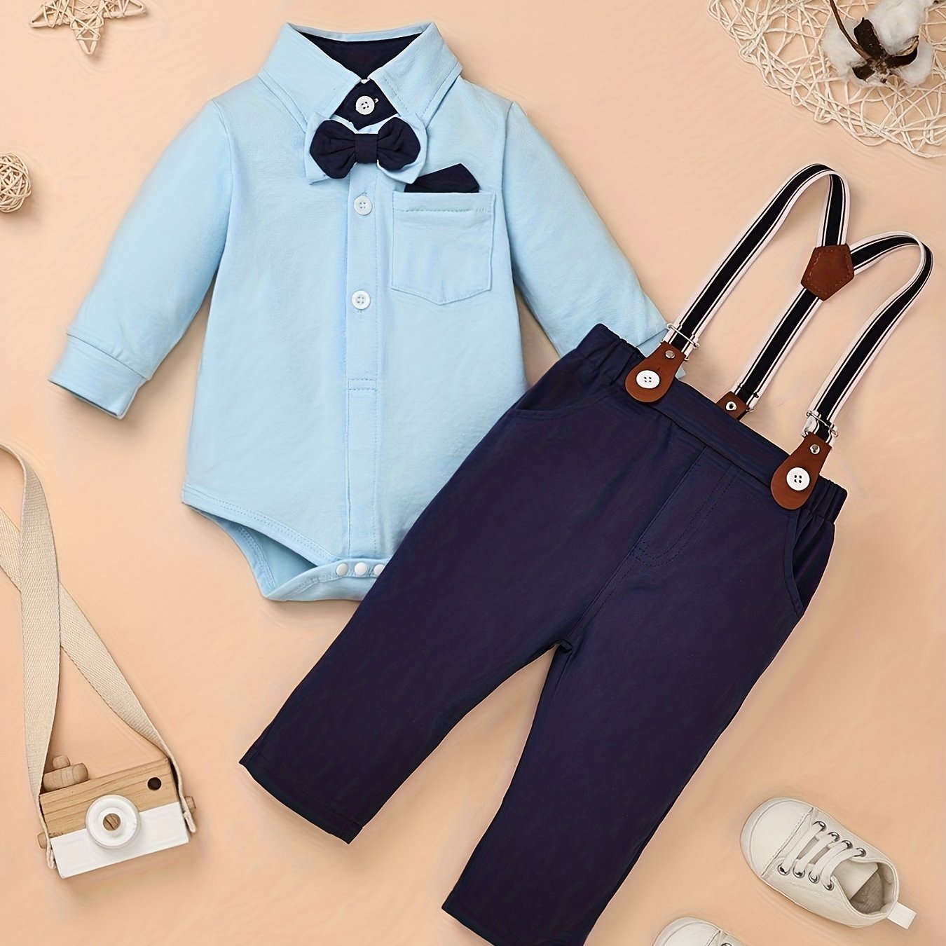 GentlemanLong Sleeve Shirt Romper + Strap Pocket Pants + Bowtie Casual Party