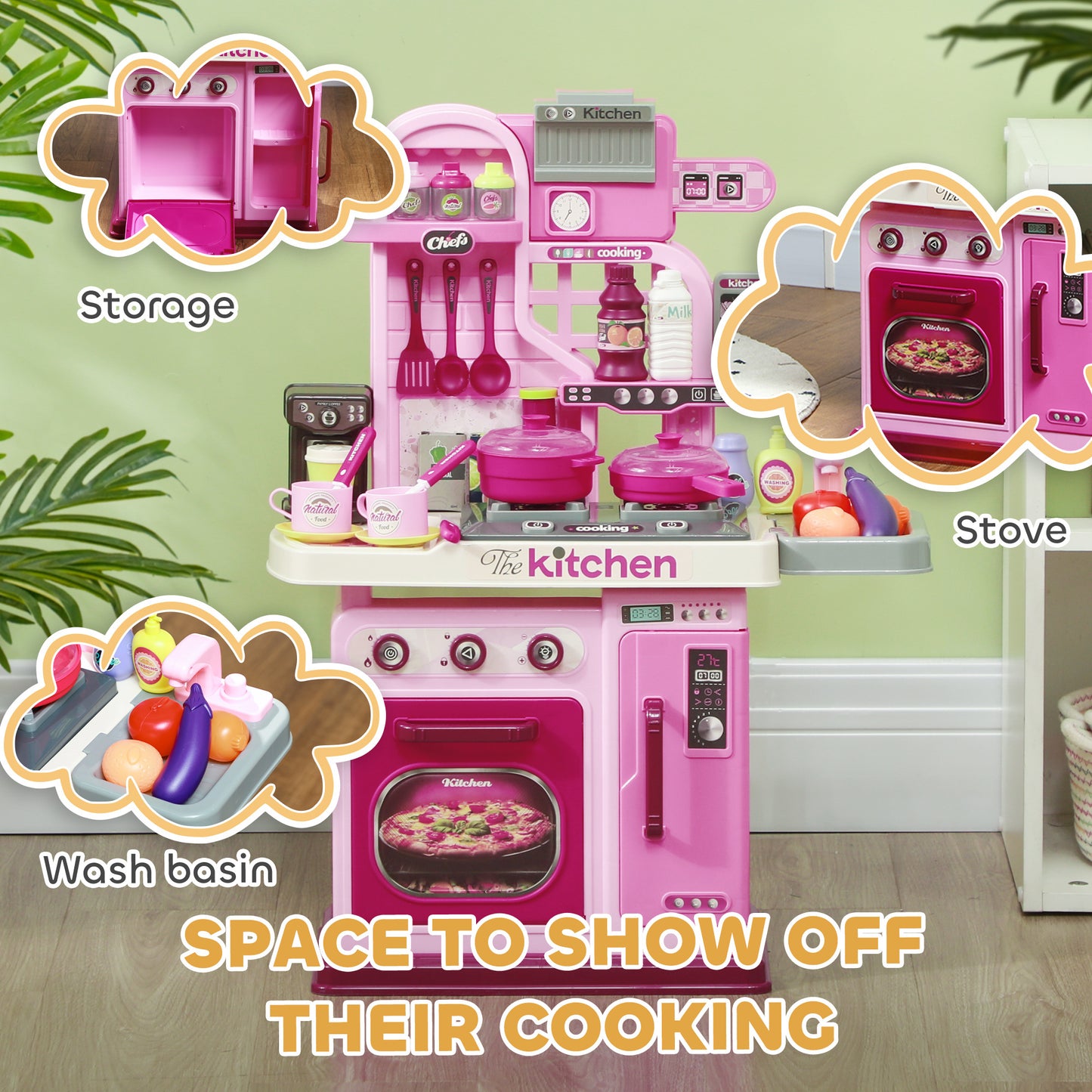 Kids Kitchen, Toy Kitchen, Toddler Pretend Play Kitchen with 33 Piece Accessories, Lights, Sounds, Storage, for Children 3-6 Years, Pink