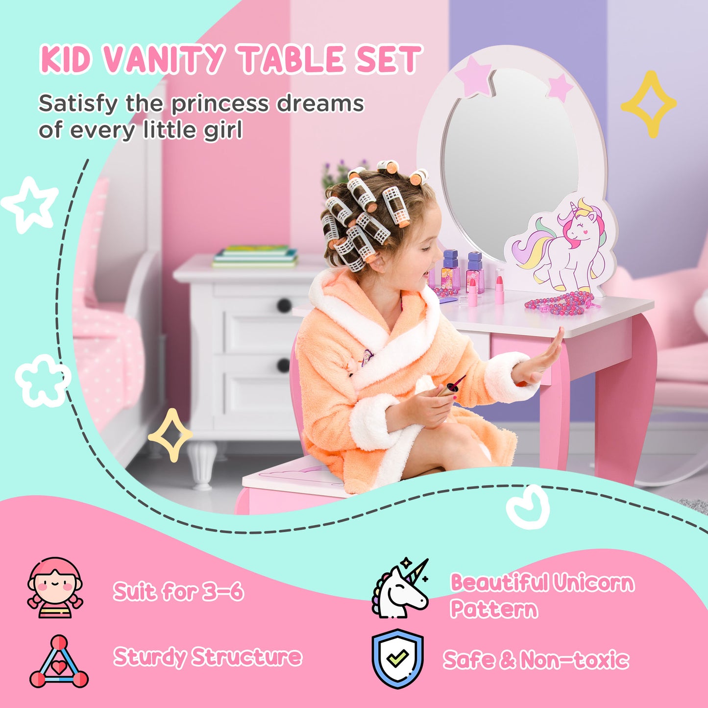 Girls Dressing Table with Mirror, Stool, Kids Dressing Table