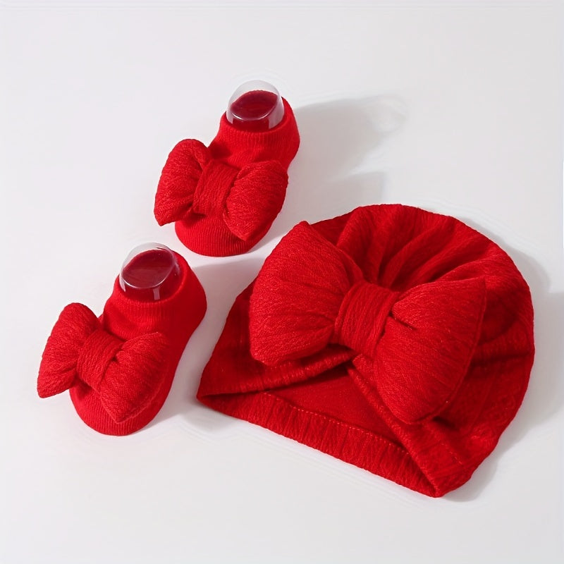 Two Piece  Newborn Knit Fleece Bow Hat & Sock Set