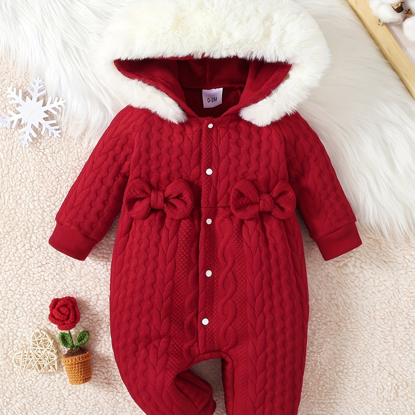 Baby's Adorable Bow Decor Jacquard Casual Fuzzy Hooded Long Sleeve Romper