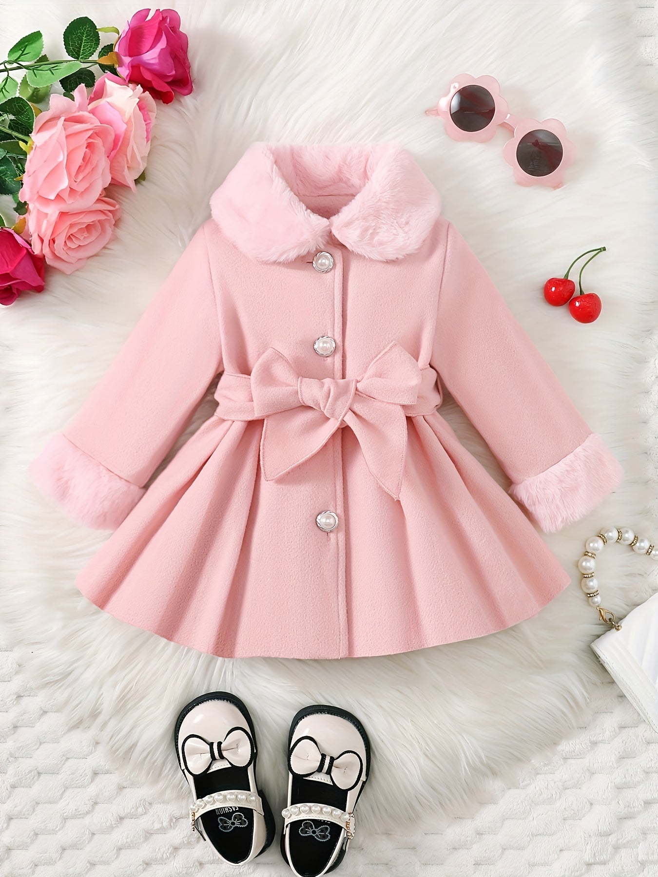 Baby's Elegant Fuzzy Collar Belted Coat, Button Front Warm Overcoat