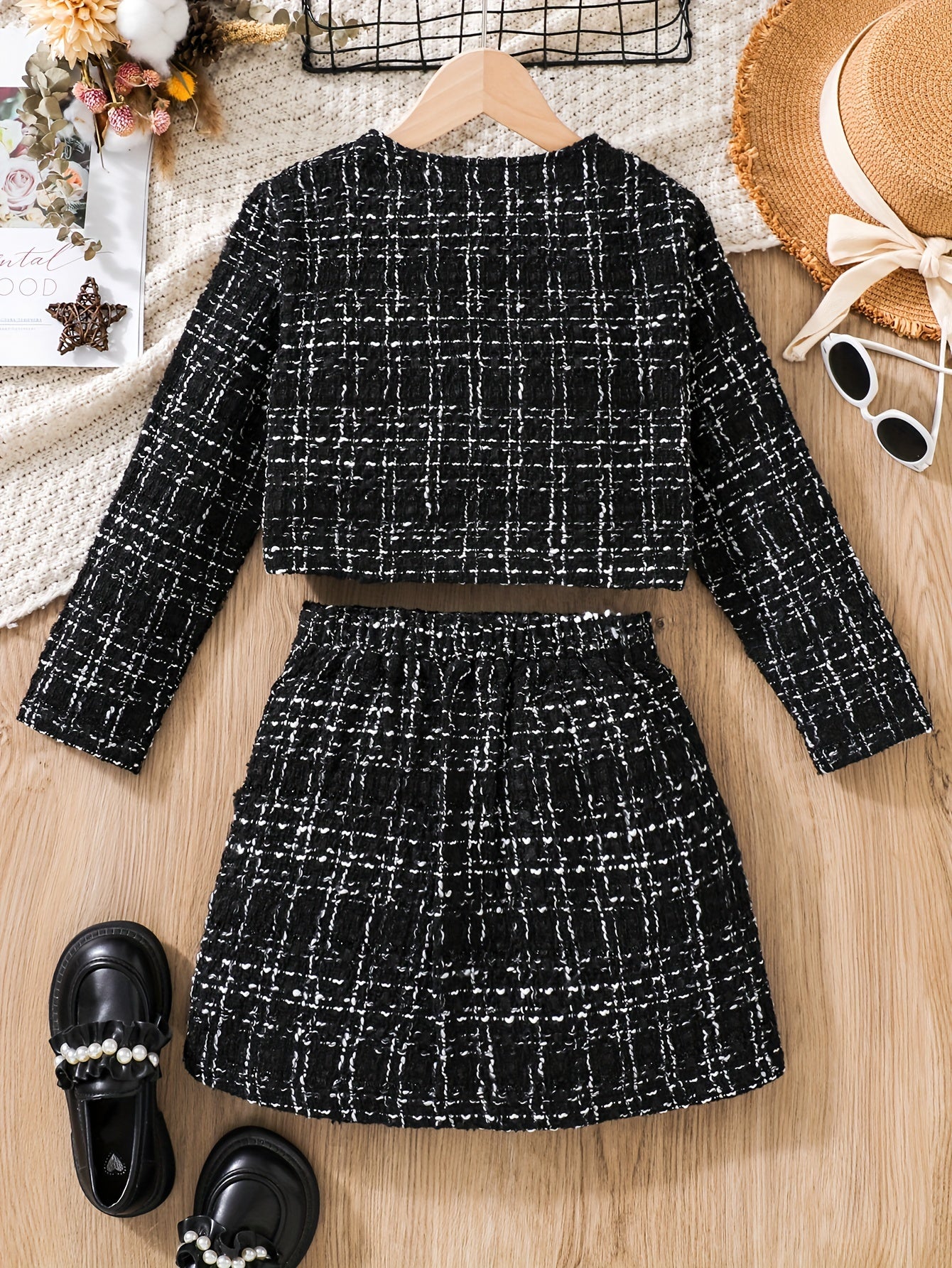 Elegant Tweed Knit Crew Neck Plaid Jacket & Skirt Set Girls Outdoor Outfit