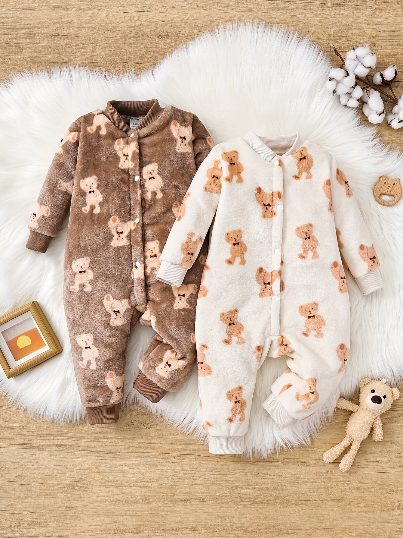 Baby's Cartoon Bear Pattern Warm Fuzzy Long Sleeve Bodysuit