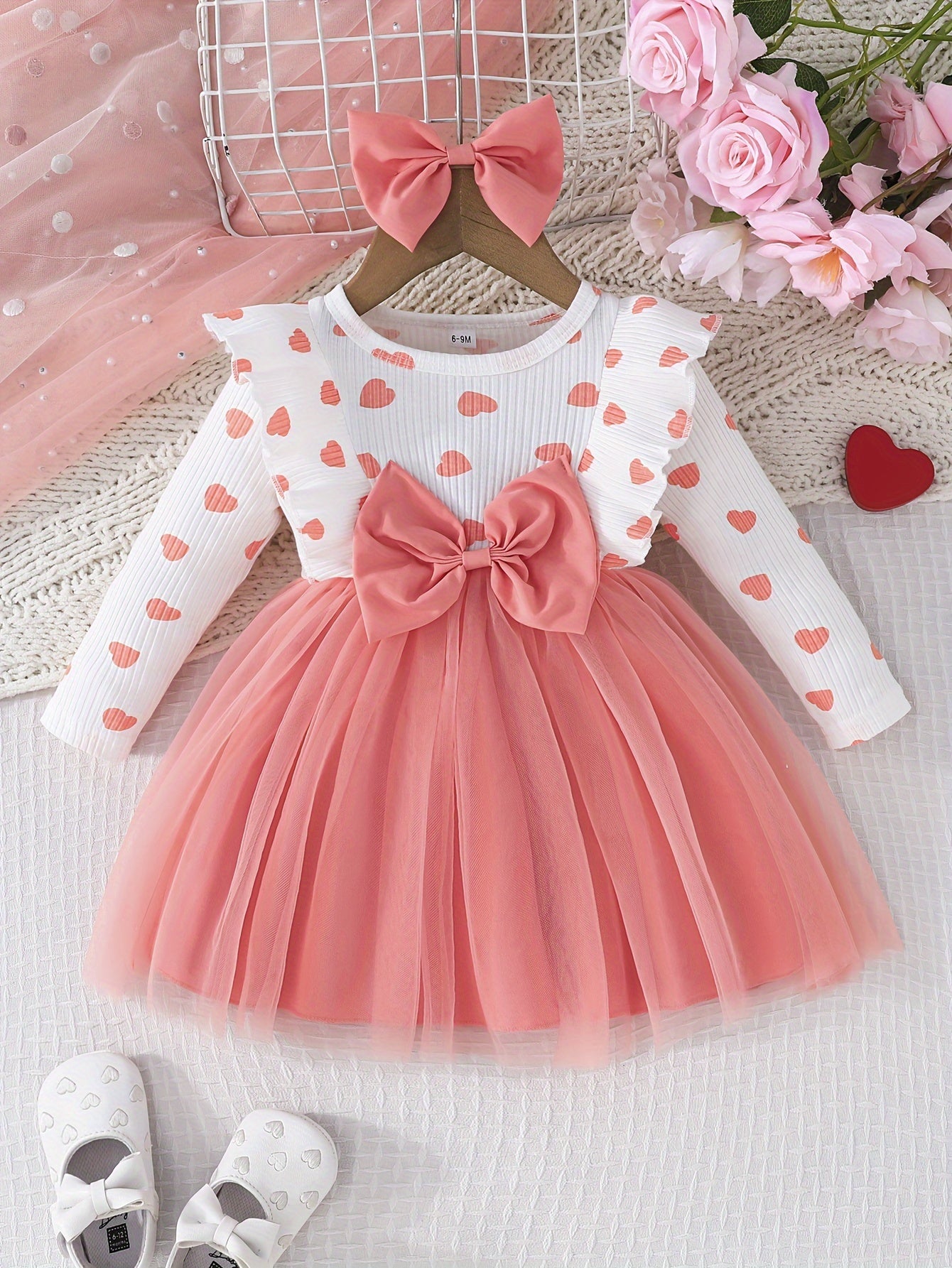 Girls' Cute Heart Pattern Long Sleeve Tulle Dress with Bow Headband