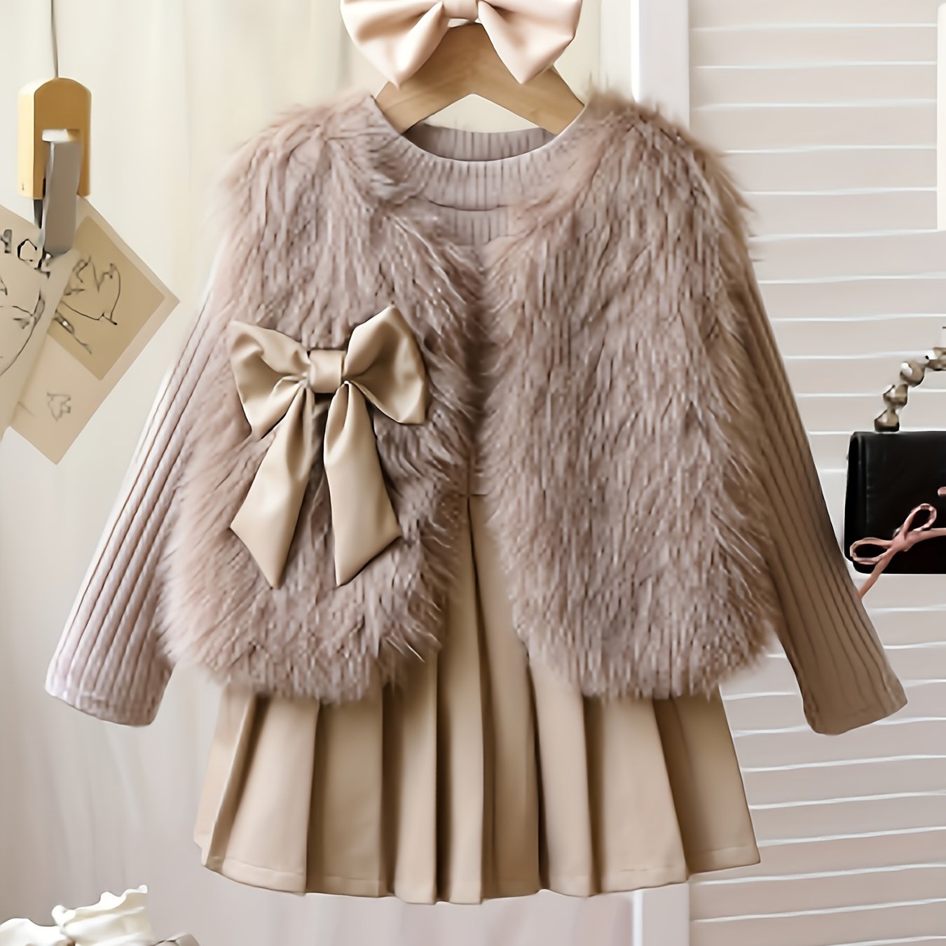 Cute Solid Color Polyester Sweater Dress with Long Sleeves, Bow Detail, and Skirt