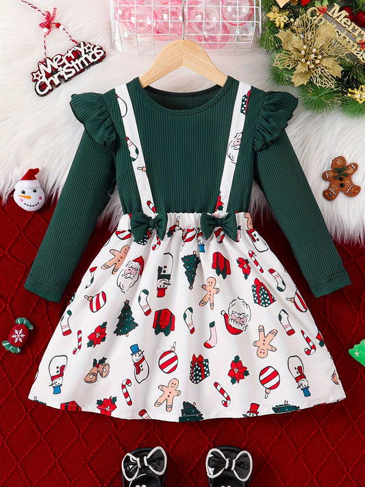 Girls' Festive Christmas Dress with Ruffle Trim & Bow