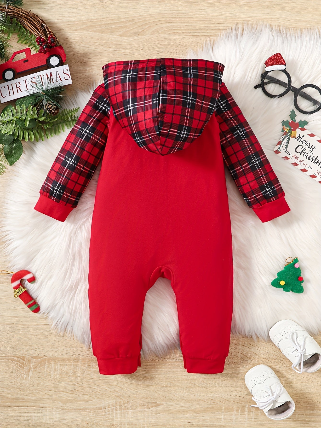 My 1st Christmas & Reindeer Print Long Sleeves Hooded Jumpsuit, Plaid Patterns Clothes For Leisure