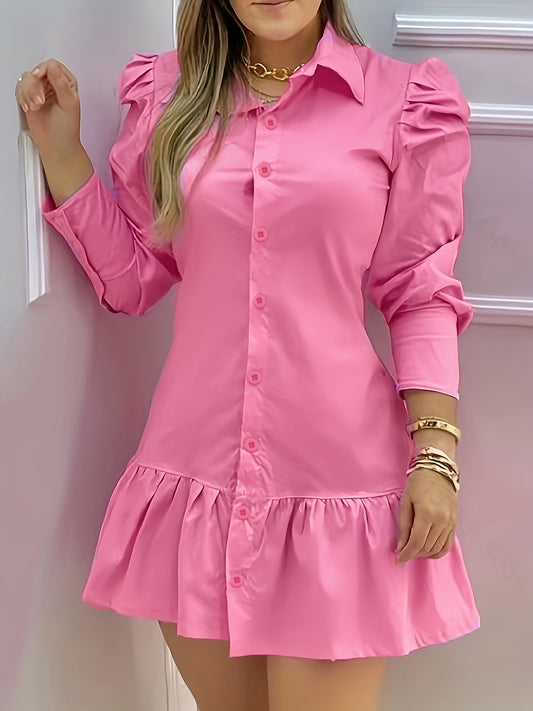 Women's Elegant Bright Pink Ruffle Hem Shirt Dress